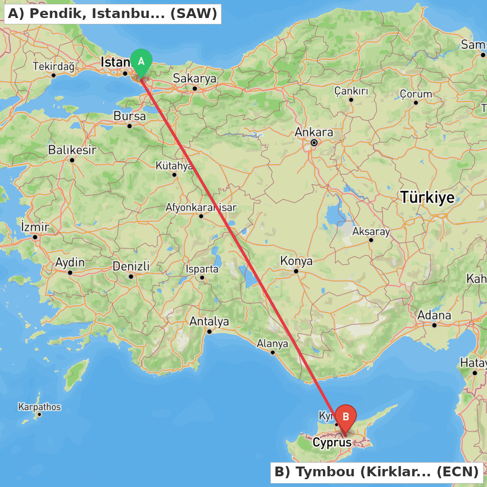 Flight route map from Pendik, Istanbul to Tymbou (Kirklar)