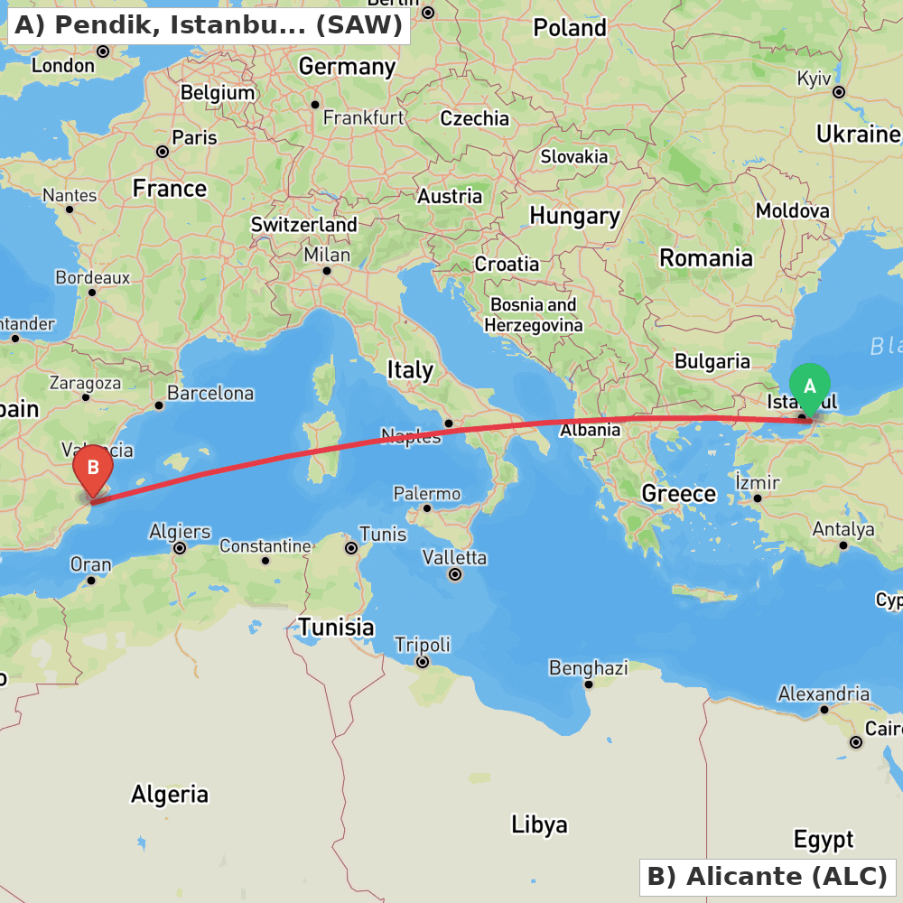 Flight route map from Pendik, Istanbul to Alicante