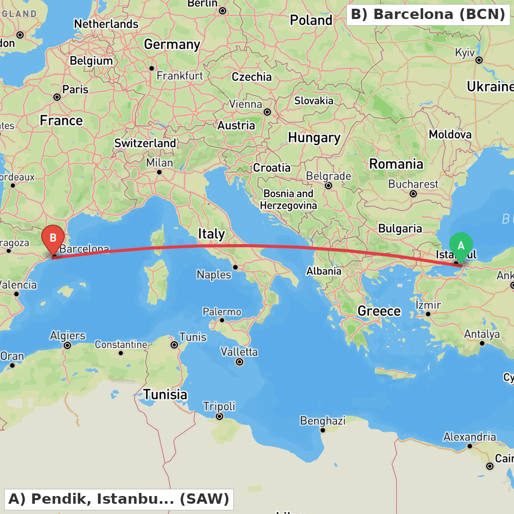 Flight route map from Pendik, Istanbul to Barcelona