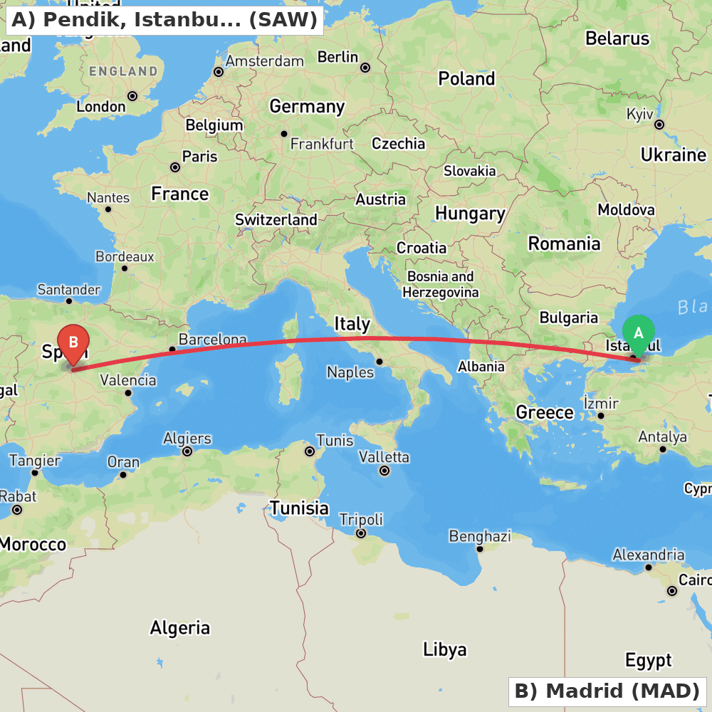 Flight route map from Pendik, Istanbul to Madrid