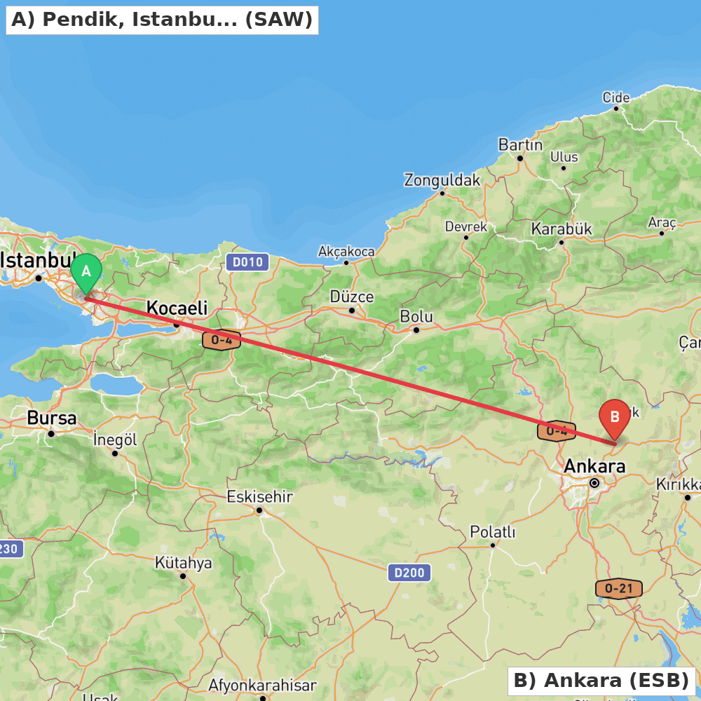 Flight route map from Pendik, Istanbul to Ankara