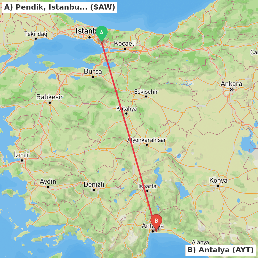 Flight route map from Pendik, Istanbul to Antalya