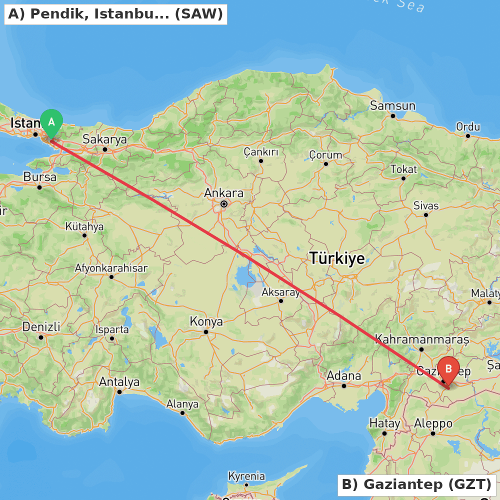 Flight route map from Pendik, Istanbul to Gaziantep