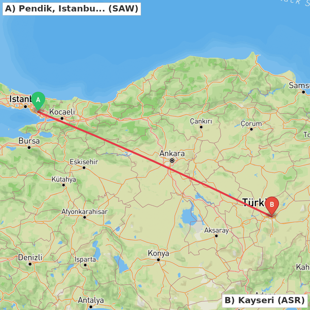 Flight route map from Pendik, Istanbul to Kayseri