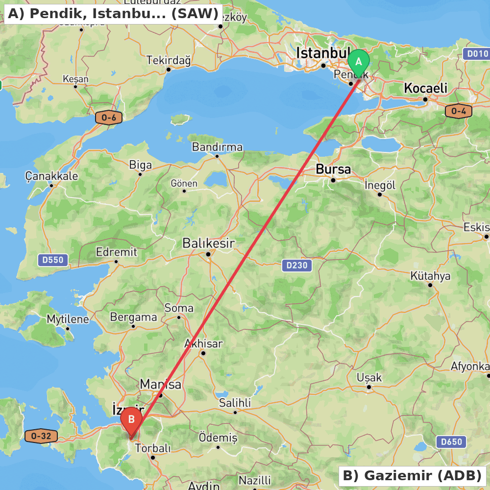 Flight route map from Pendik, Istanbul to Gaziemir
