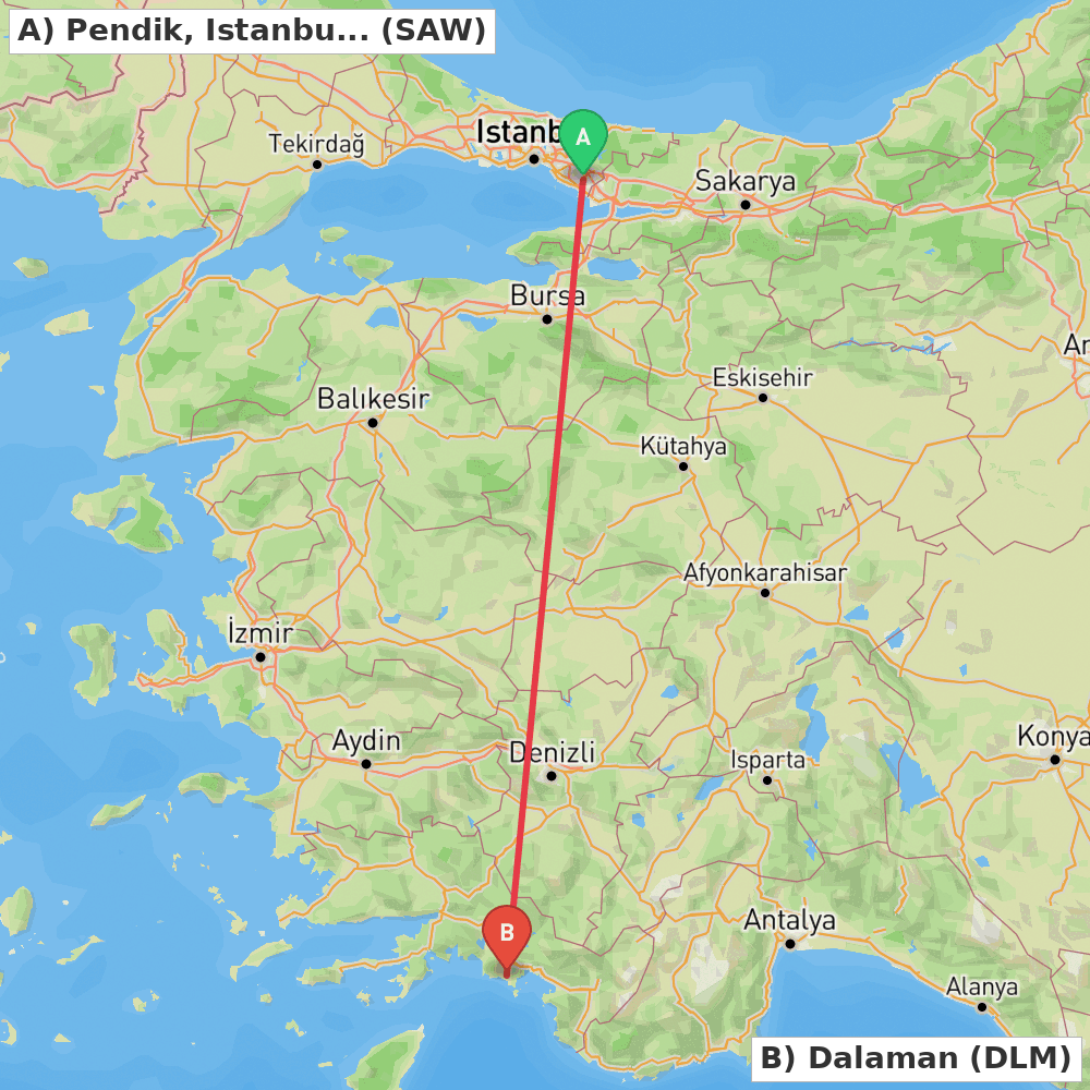 Flight route map from Pendik, Istanbul to Dalaman