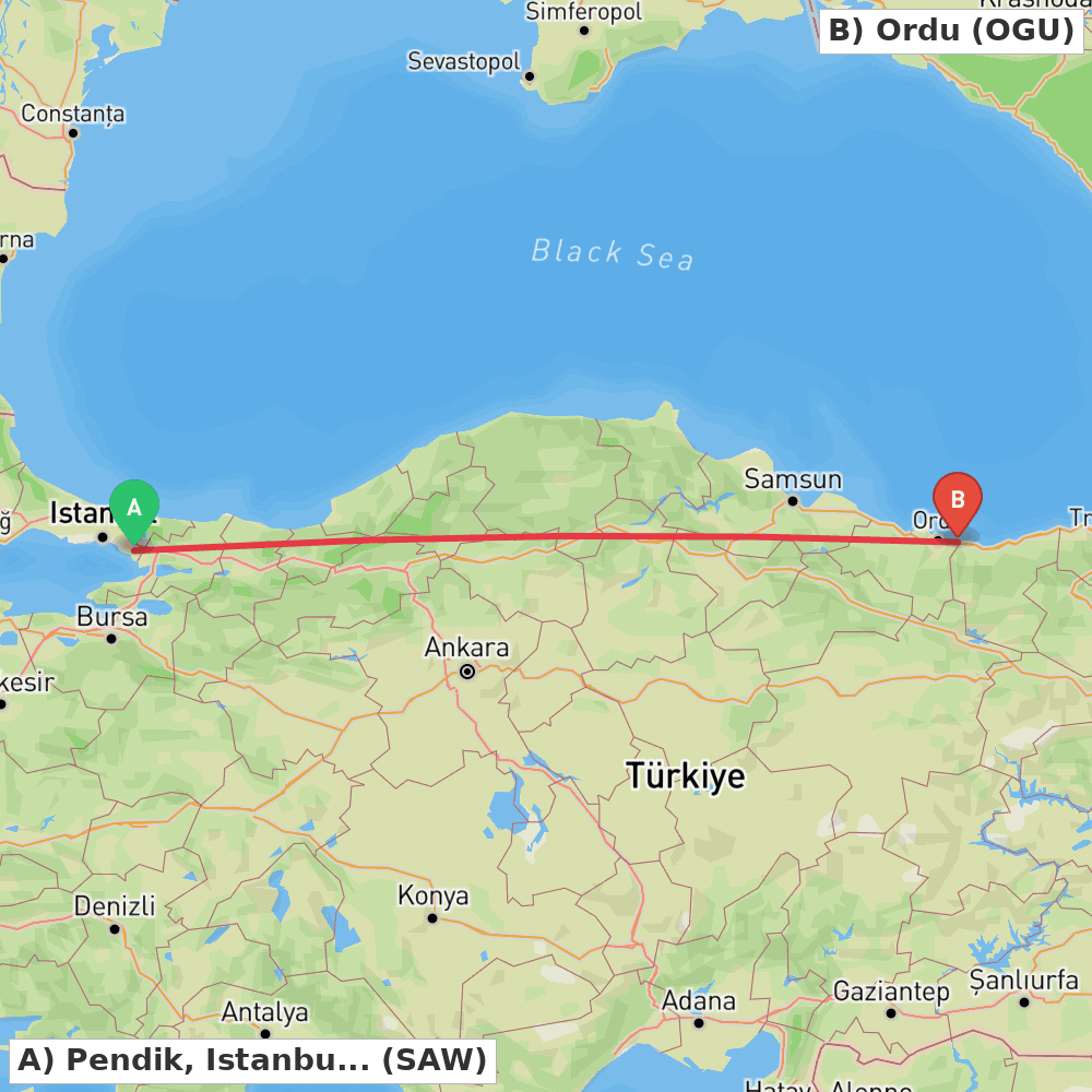 Flight route map from Pendik, Istanbul to Ordu