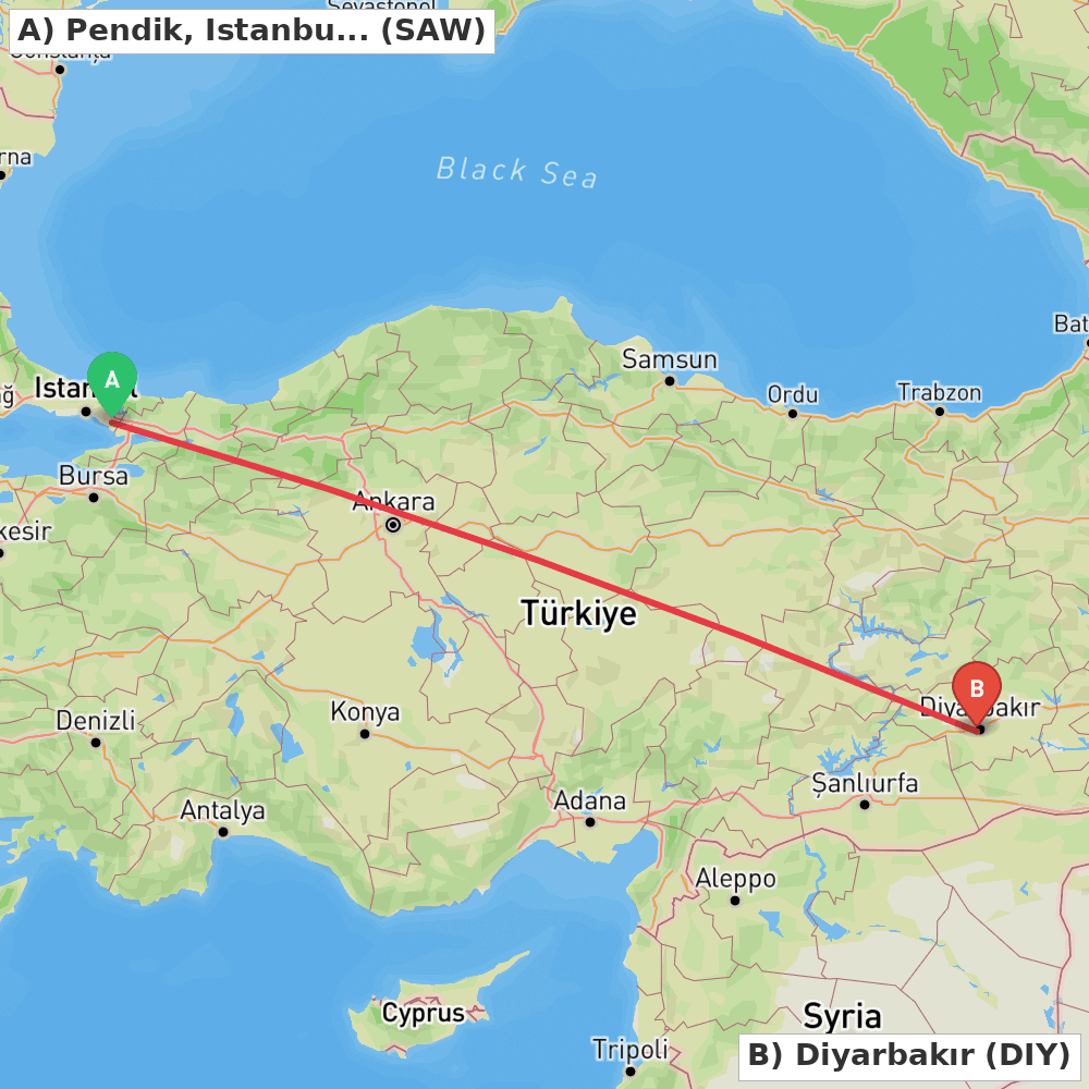 Flight route map from Pendik, Istanbul to Diyarbakır