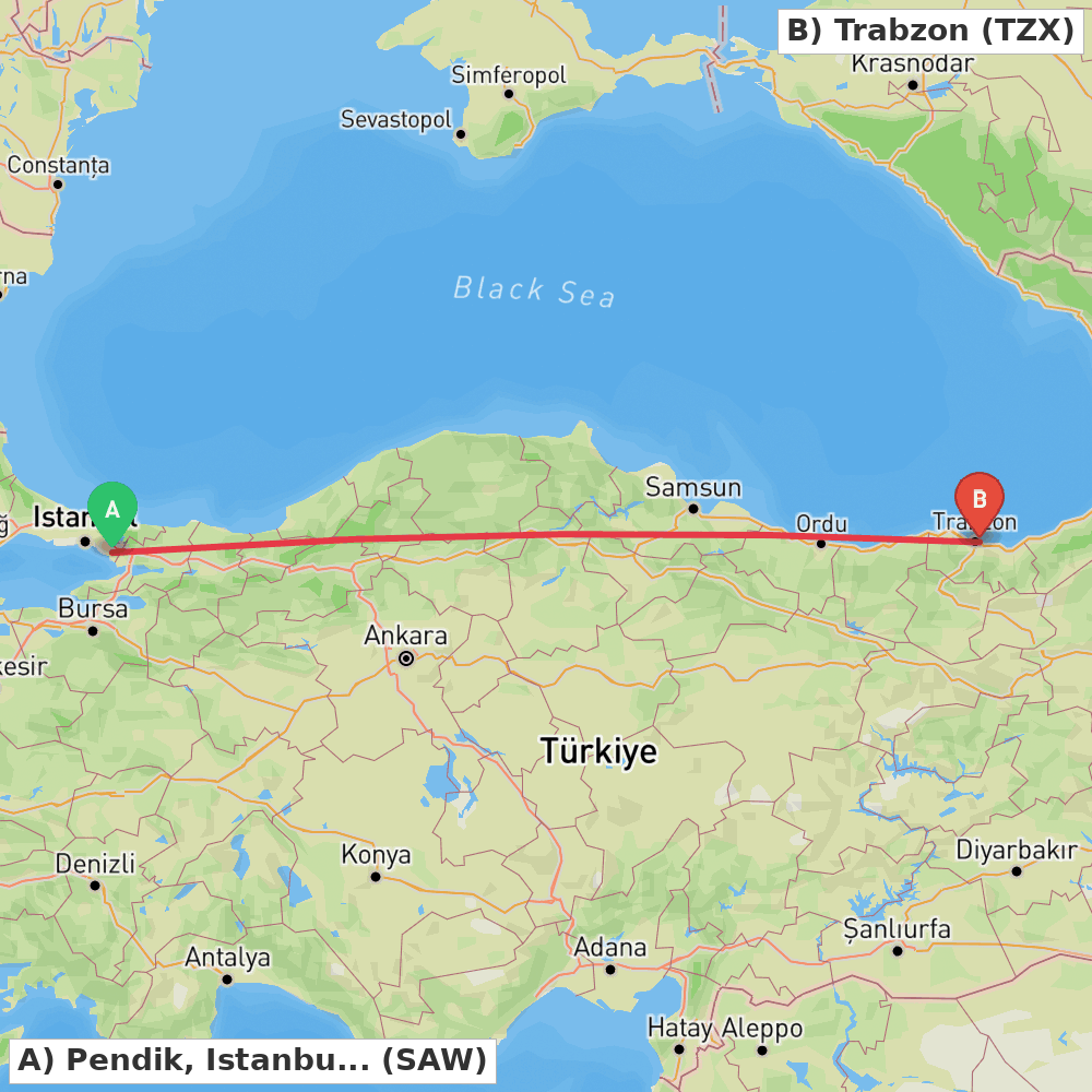 Flight route map from Pendik, Istanbul to Trabzon