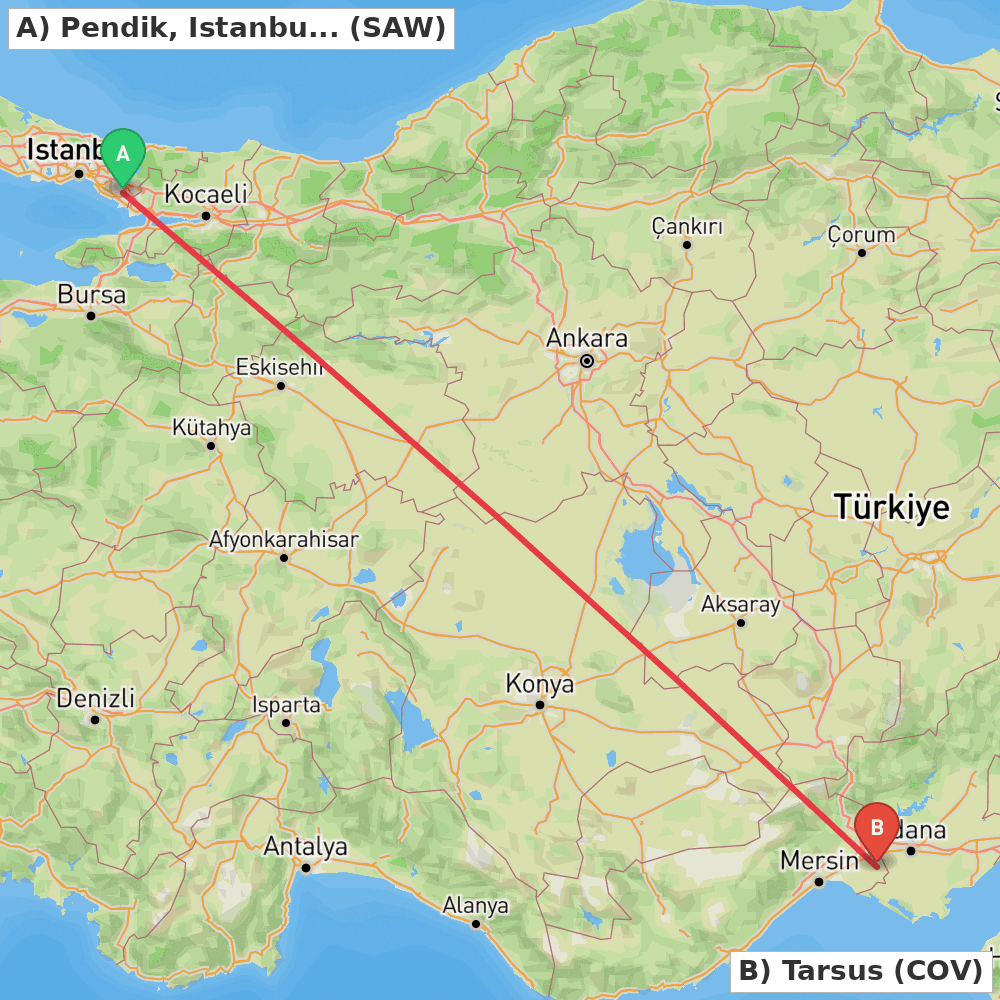 Flight route map from Pendik, Istanbul to Tarsus