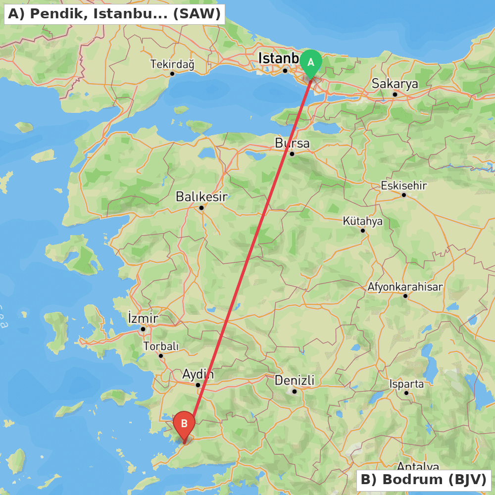 Flight route map from Pendik, Istanbul to Bodrum