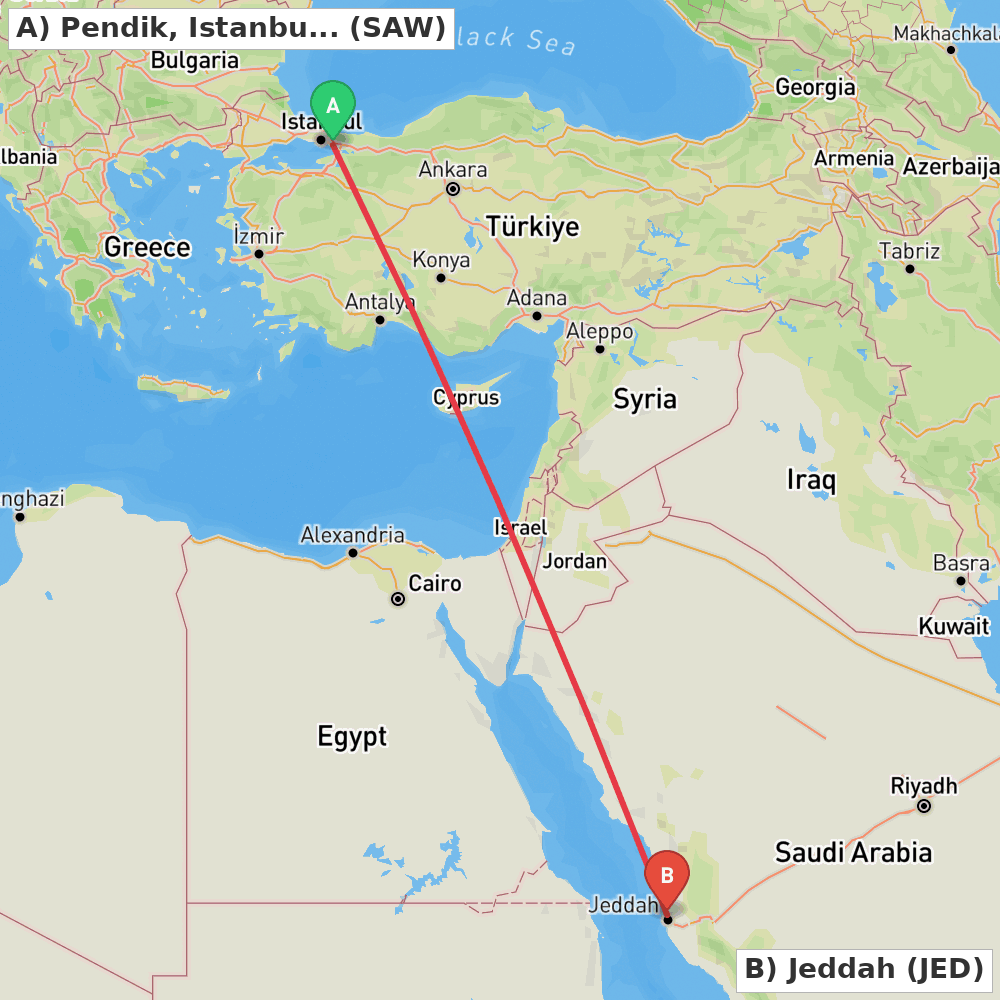 Flight route map from Pendik, Istanbul to Jeddah