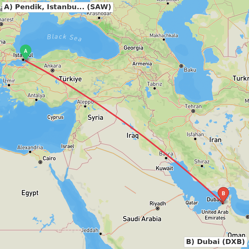 Flight route map from Pendik, Istanbul to Dubai