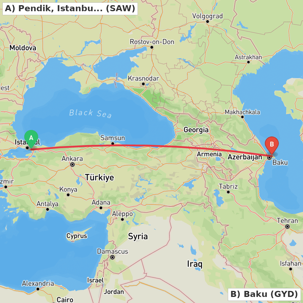 Flight route map from Pendik, Istanbul to Baku
