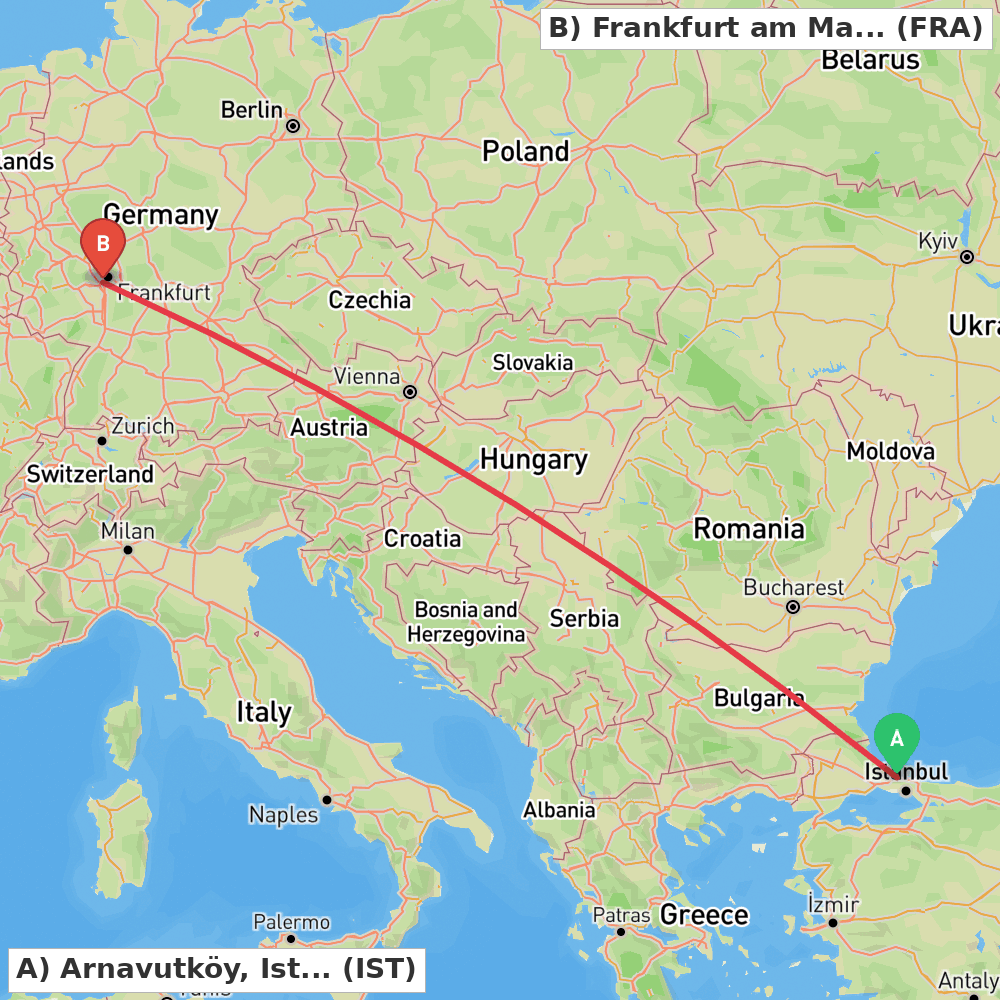 Flight route map from Arnavutköy, Istanbul to Frankfurt am Main