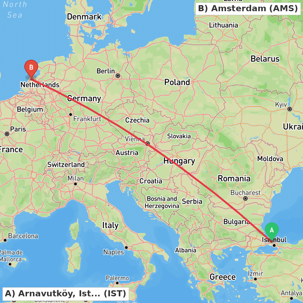 Flight route map from Arnavutköy, Istanbul to Amsterdam