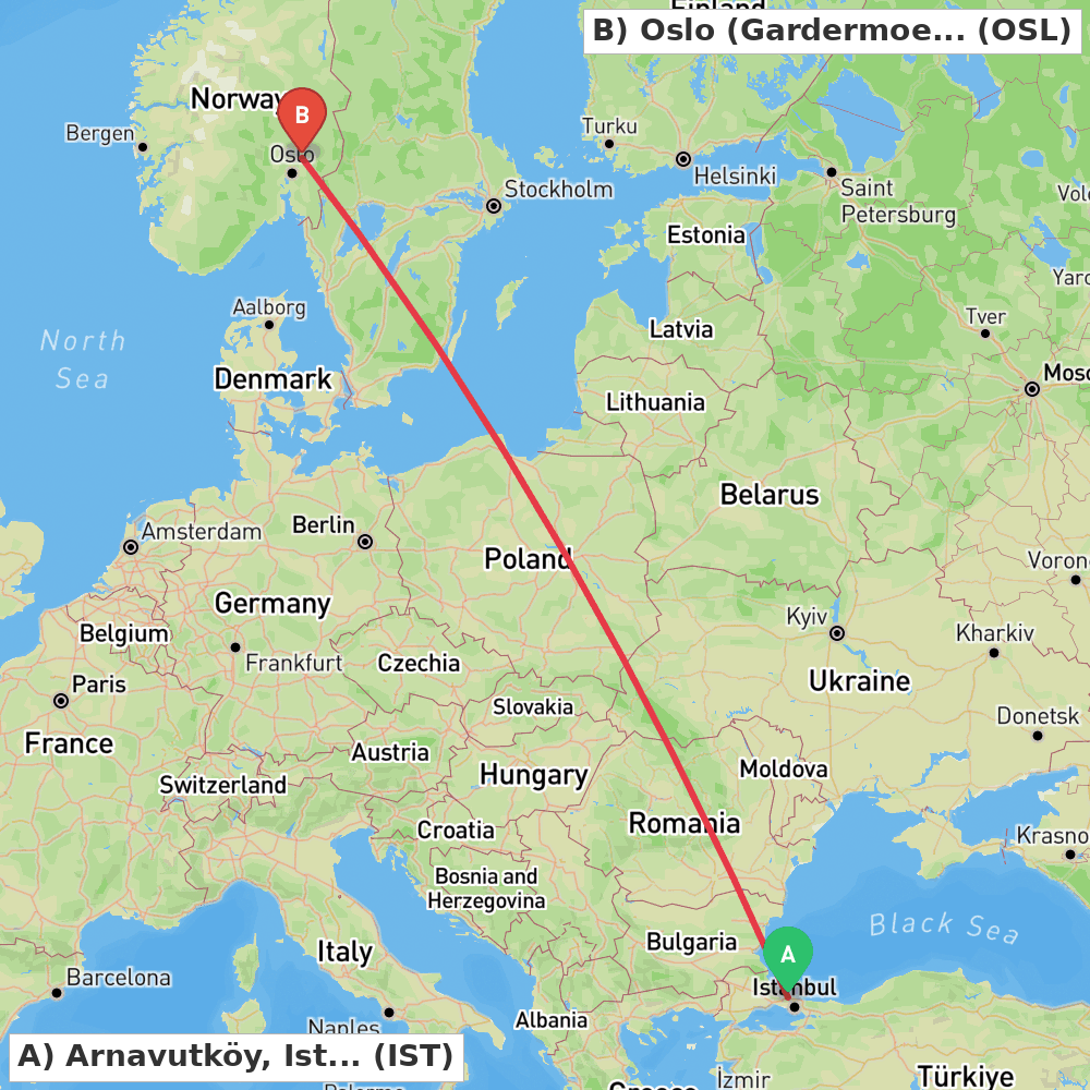 Flight route map from Arnavutköy, Istanbul to Oslo (Gardermoen)