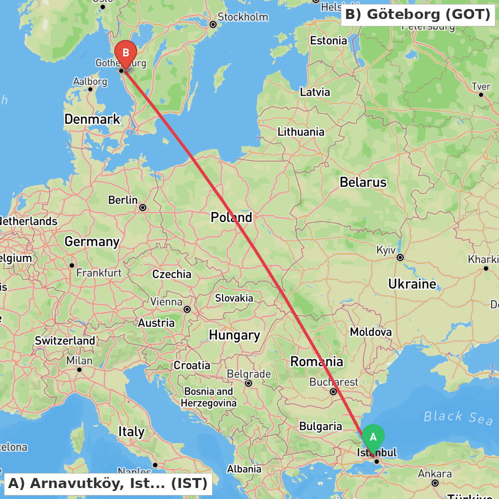Flight route map from Arnavutköy, Istanbul to Göteborg