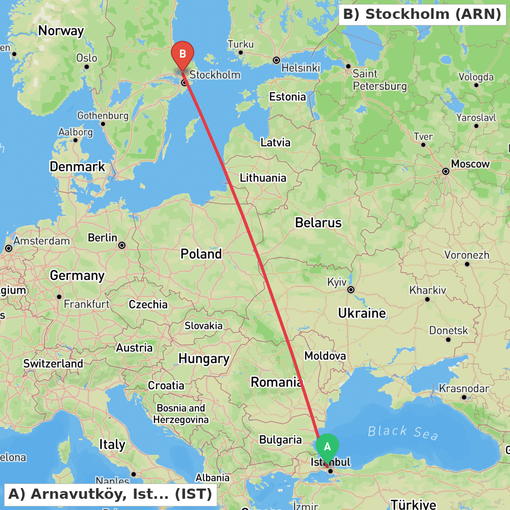 Flight route map from Arnavutköy, Istanbul to Stockholm