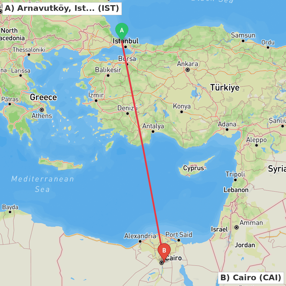Flight route map from Arnavutköy, Istanbul to Cairo