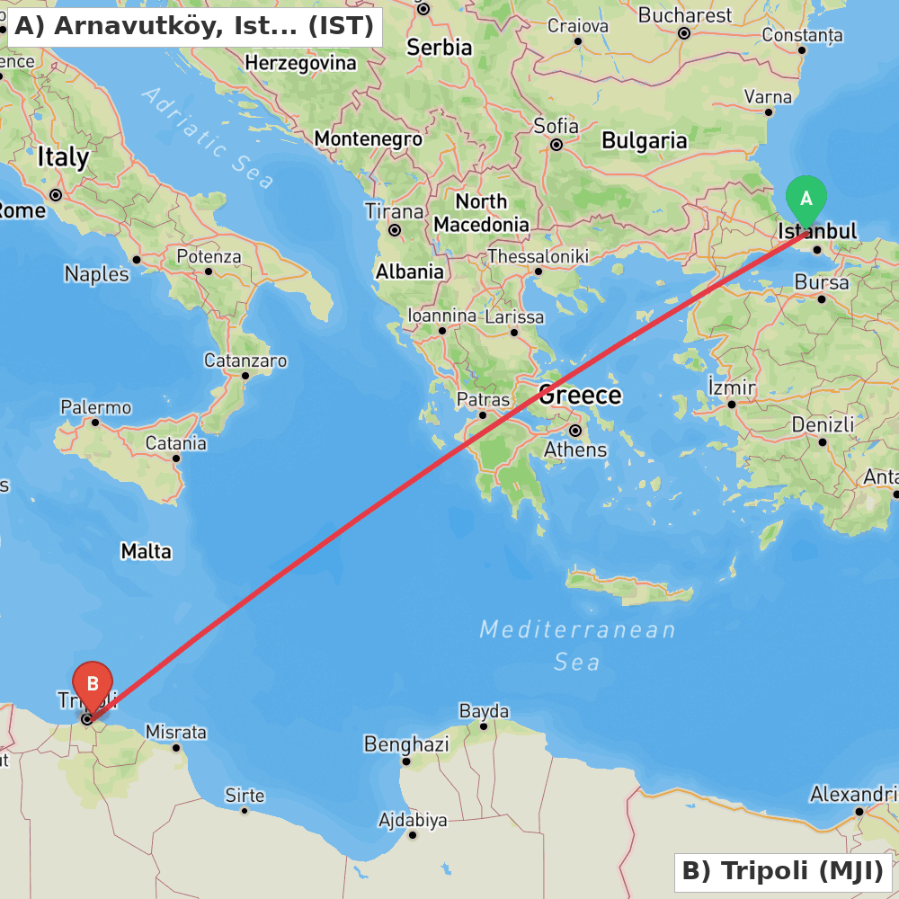 Flight route map from Arnavutköy, Istanbul to Tripoli