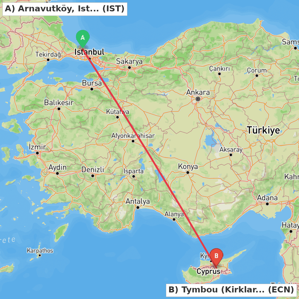 Flight route map from Arnavutköy, Istanbul to Tymbou (Kirklar)