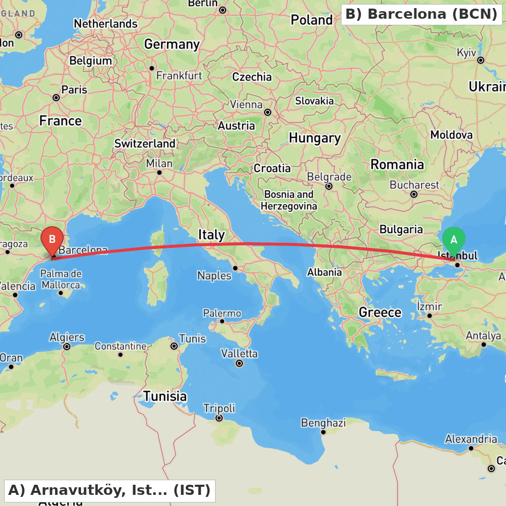 Flight route map from Arnavutköy, Istanbul to Barcelona