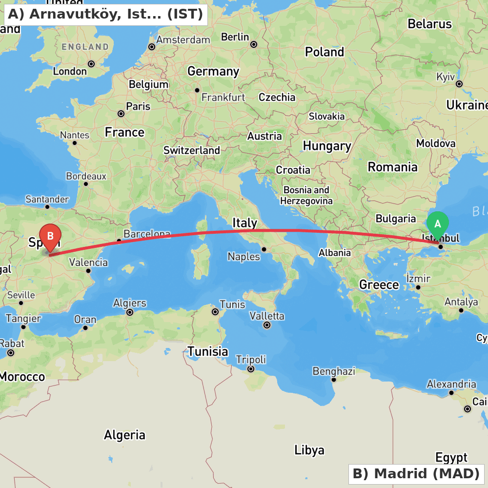 Flight route map from Arnavutköy, Istanbul to Madrid