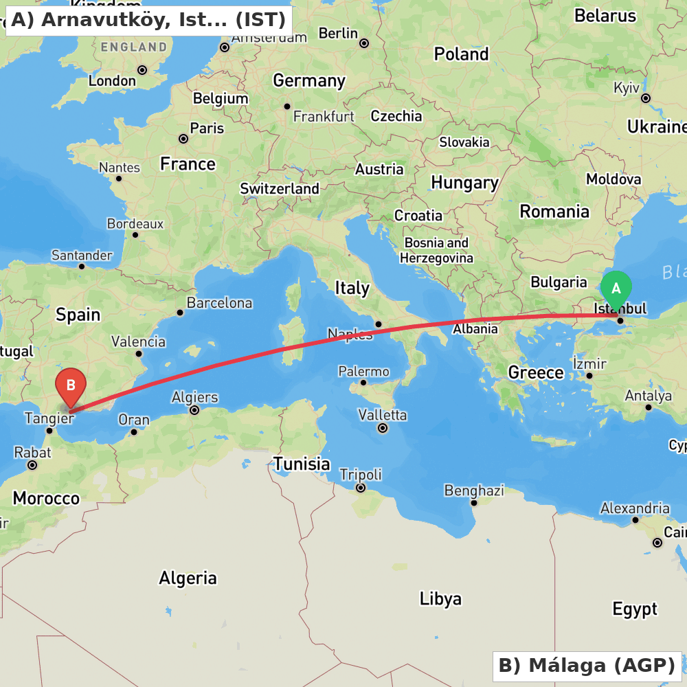 Flight route map from Arnavutköy, Istanbul to Málaga