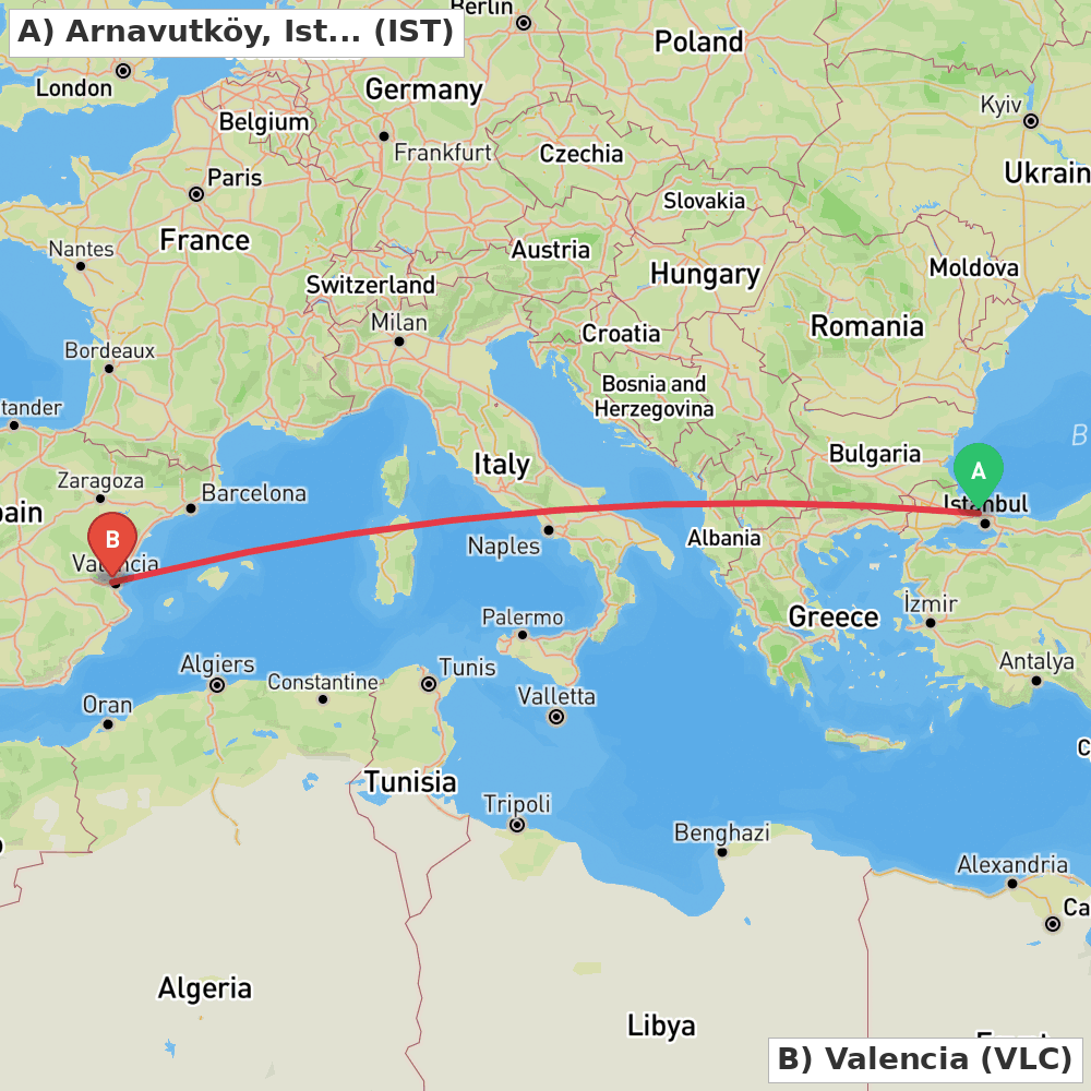 Flight route map from Arnavutköy, Istanbul to Valencia