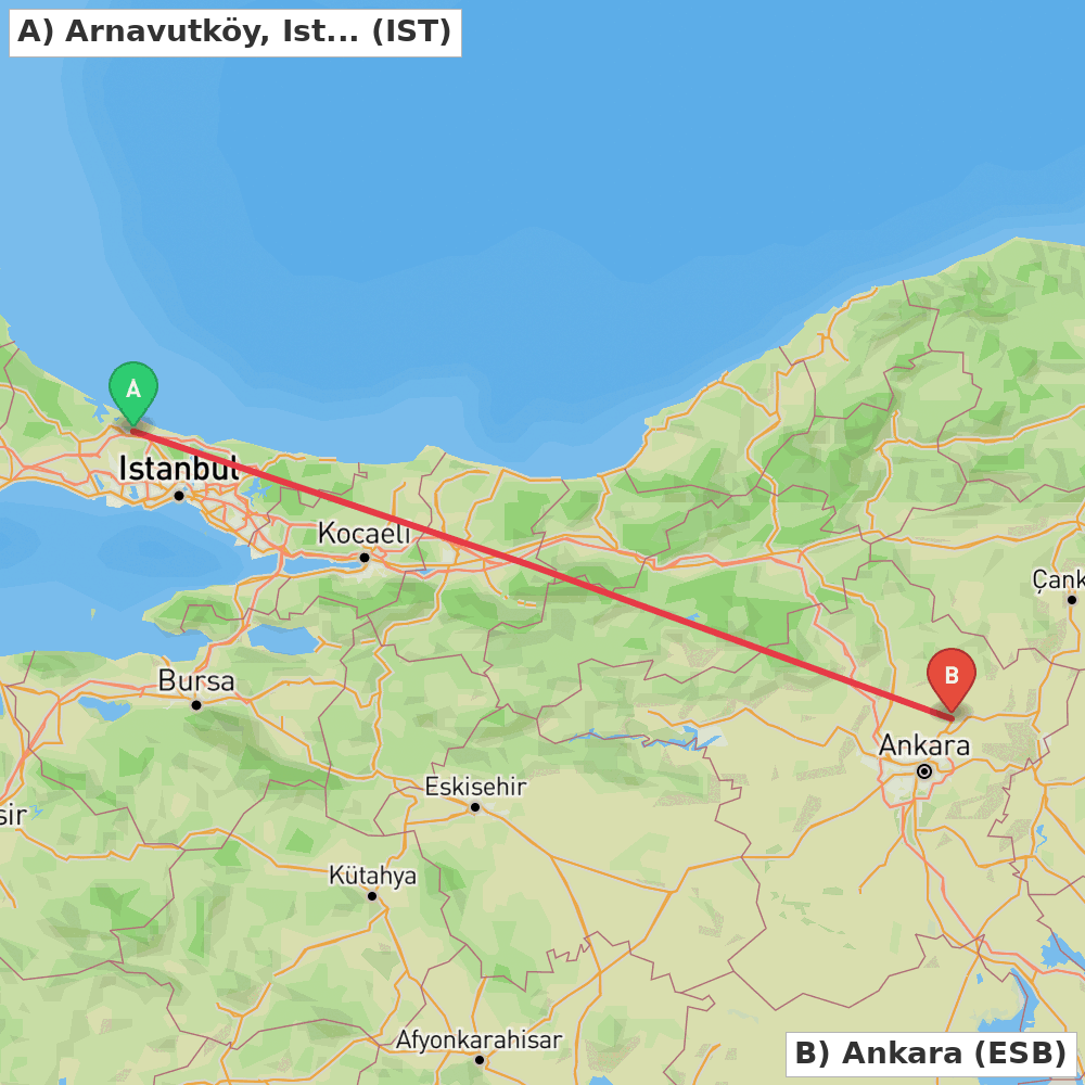 Flight route map from Arnavutköy, Istanbul to Ankara