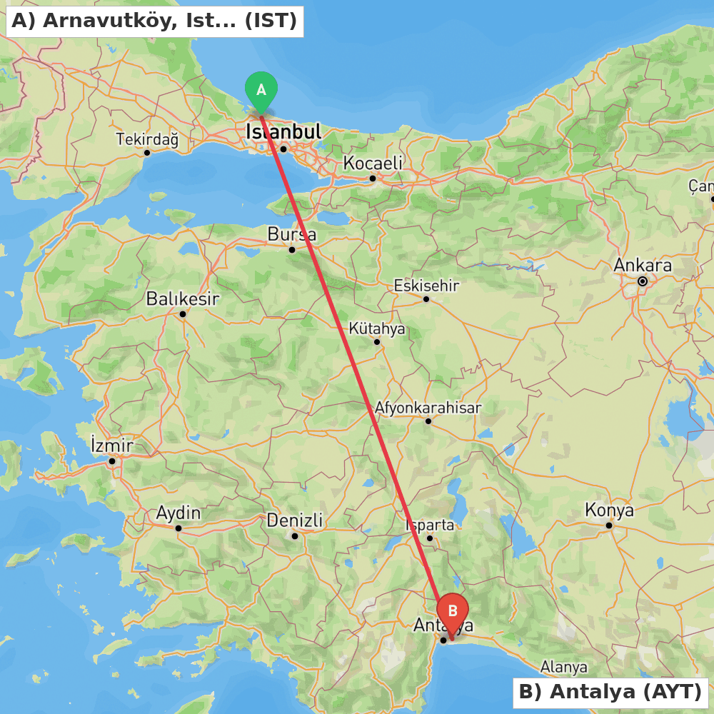 Flight route map from Arnavutköy, Istanbul to Antalya