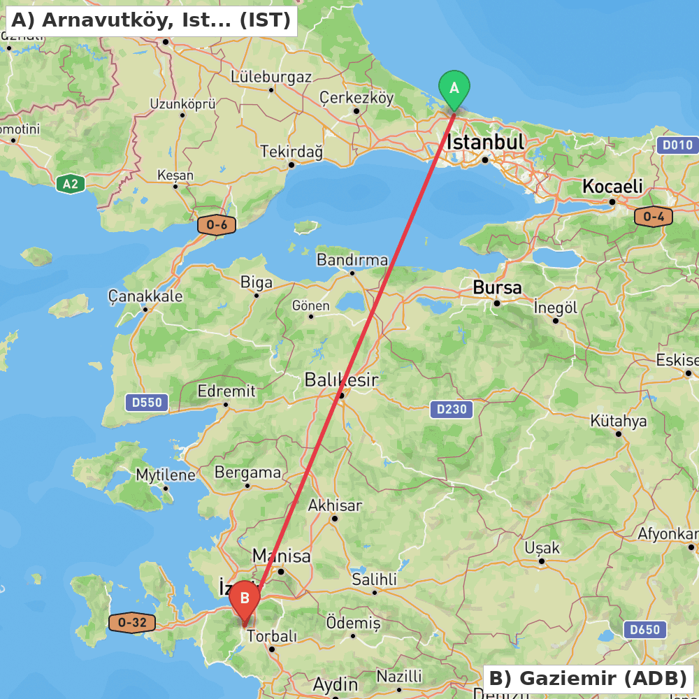 Flight route map from Arnavutköy, Istanbul to Gaziemir