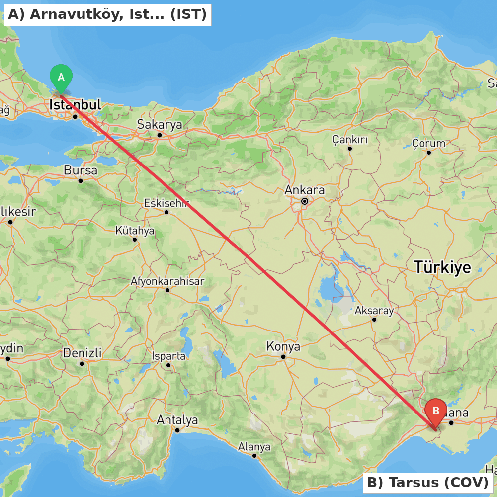 Flight route map from Arnavutköy, Istanbul to Tarsus