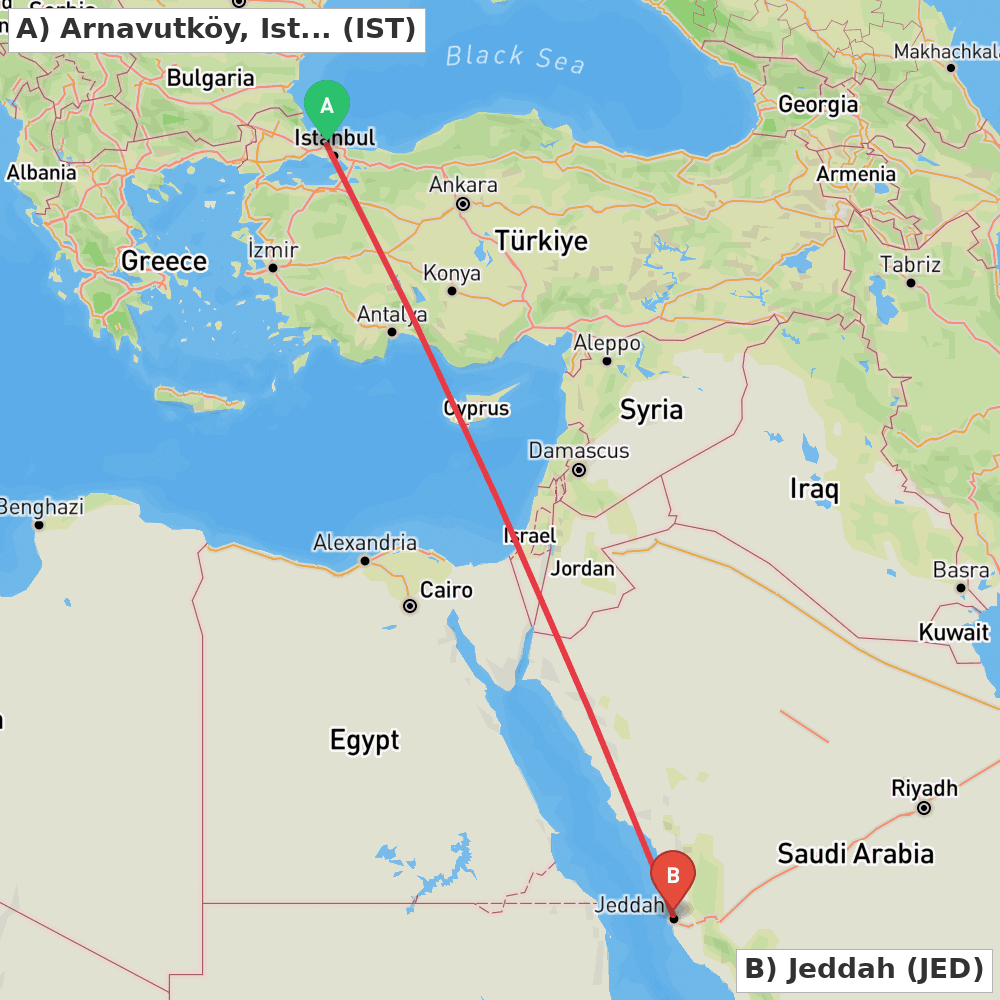 Flight route map from Arnavutköy, Istanbul to Jeddah