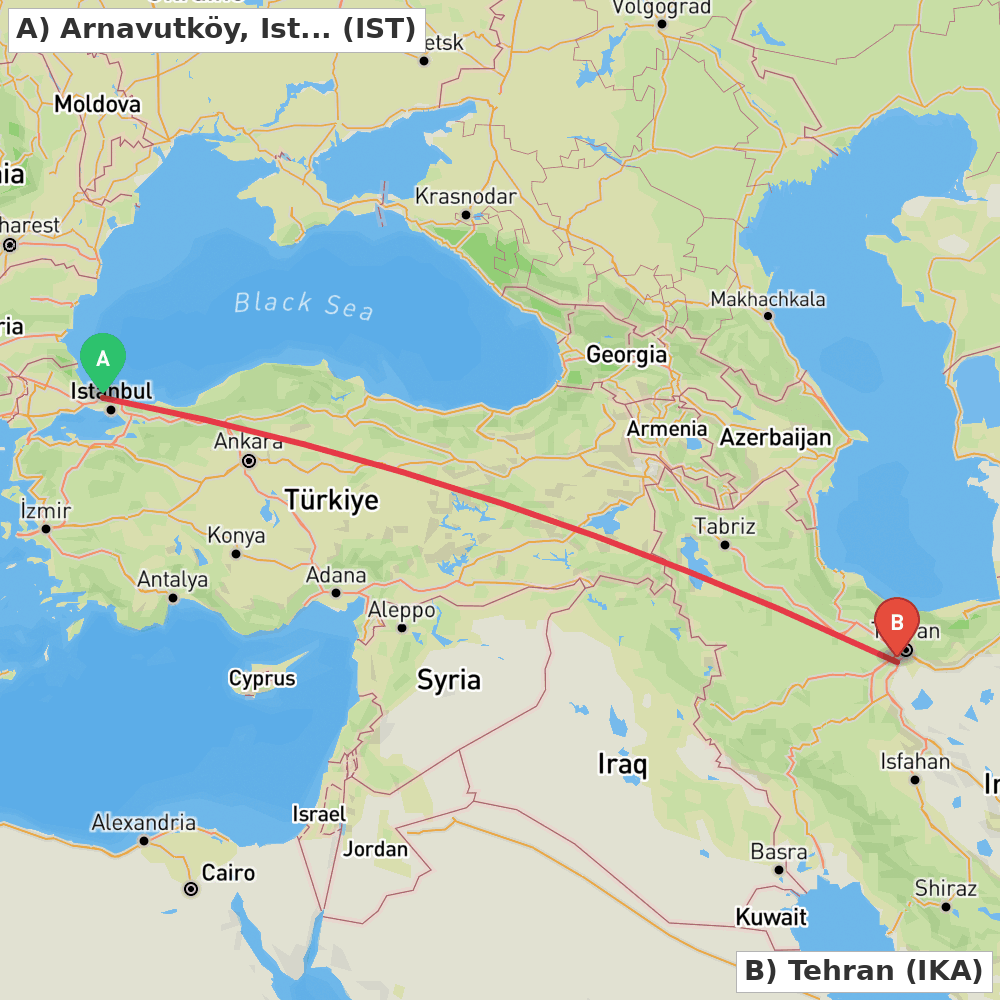 Flight route map from Arnavutköy, Istanbul to Tehran
