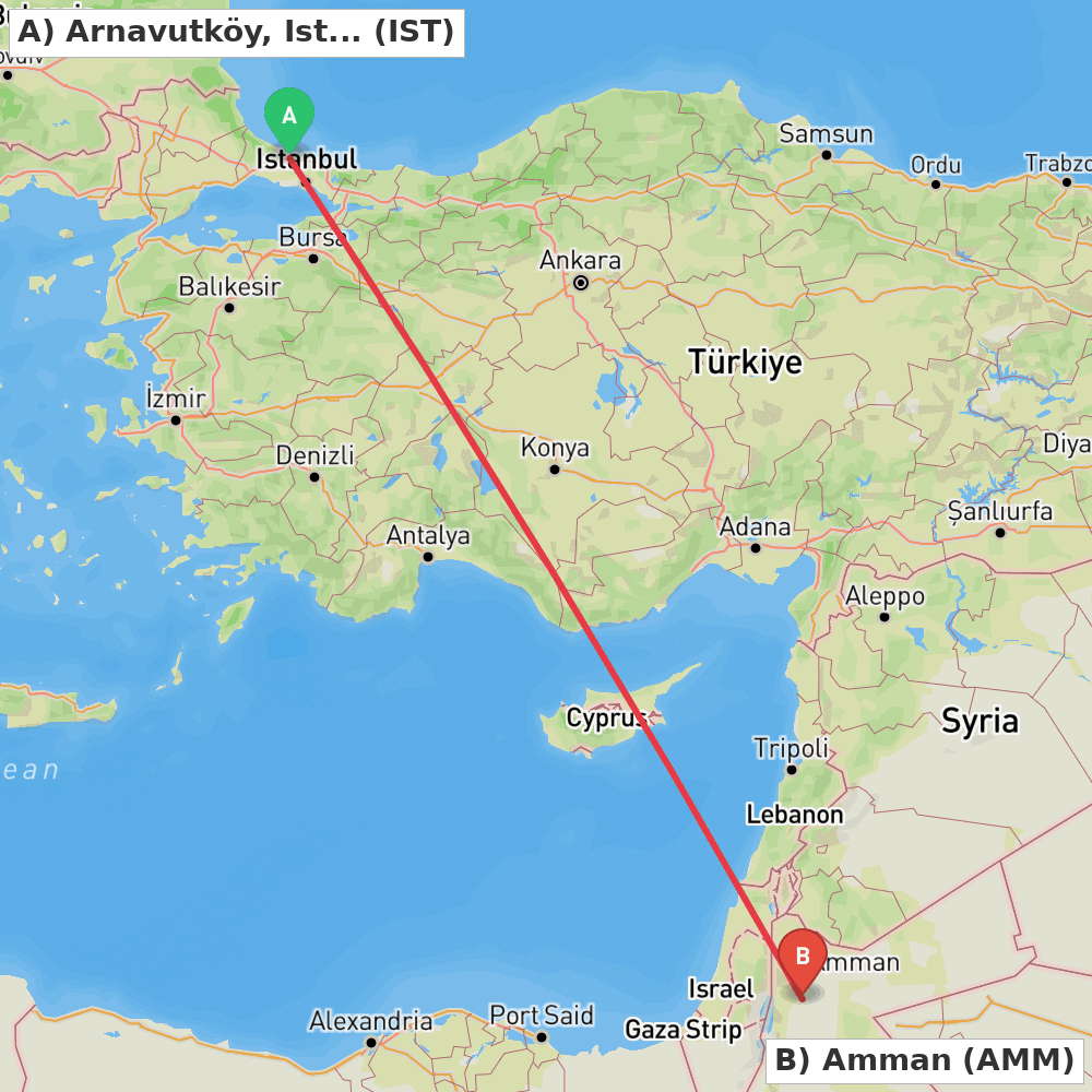 Flight route map from Arnavutköy, Istanbul to Amman