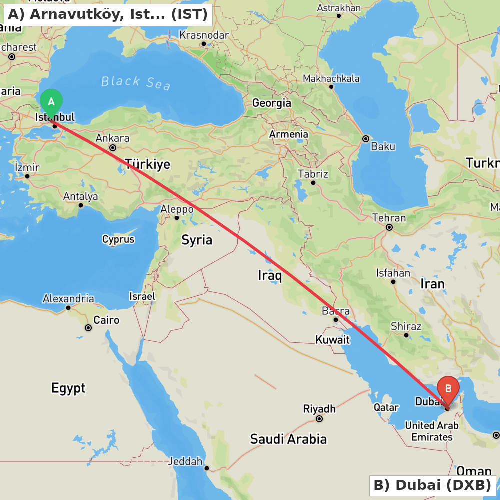 Flight route map from Arnavutköy, Istanbul to Dubai