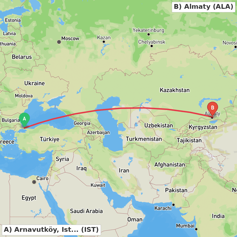 Flight route map from Arnavutköy, Istanbul to Almaty