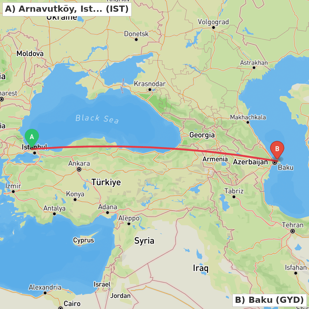Flight route map from Arnavutköy, Istanbul to Baku