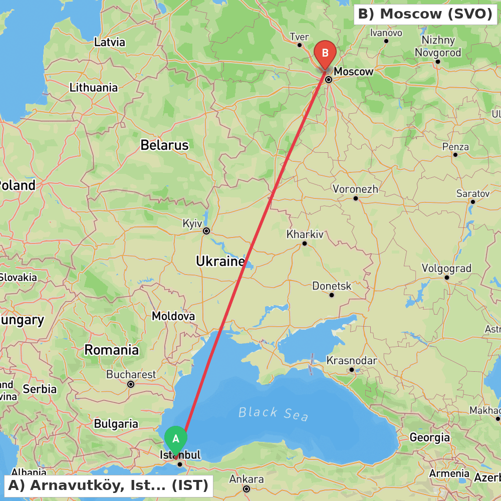 Flight route map from Arnavutköy, Istanbul to Moscow