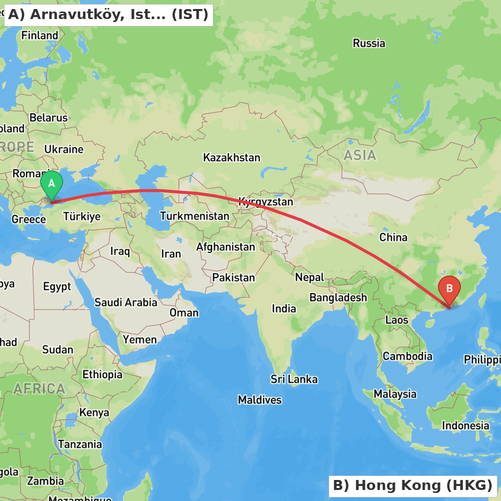 Flight route map from Arnavutköy, Istanbul to Hong Kong