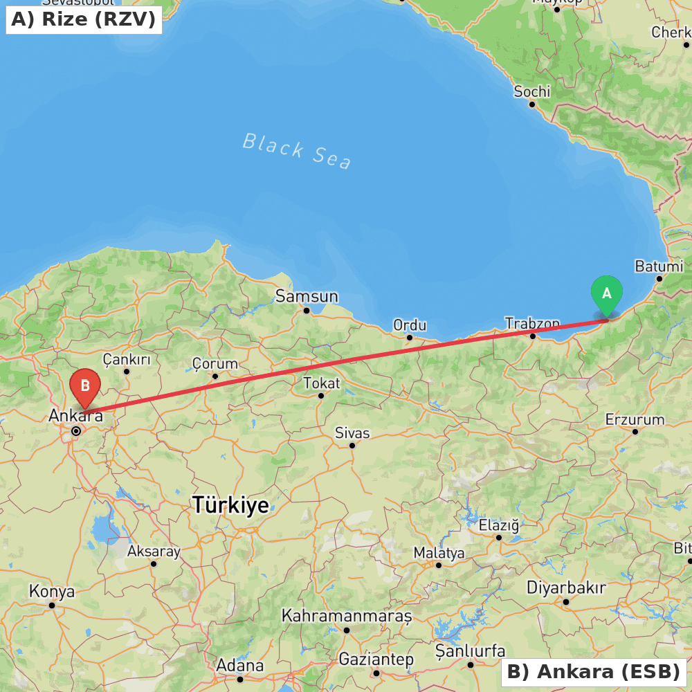 Flight route map from Rize to Ankara