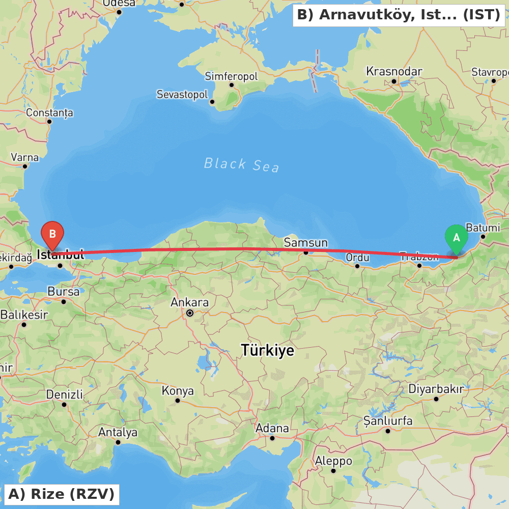 Flight route map from Rize to Arnavutköy, Istanbul