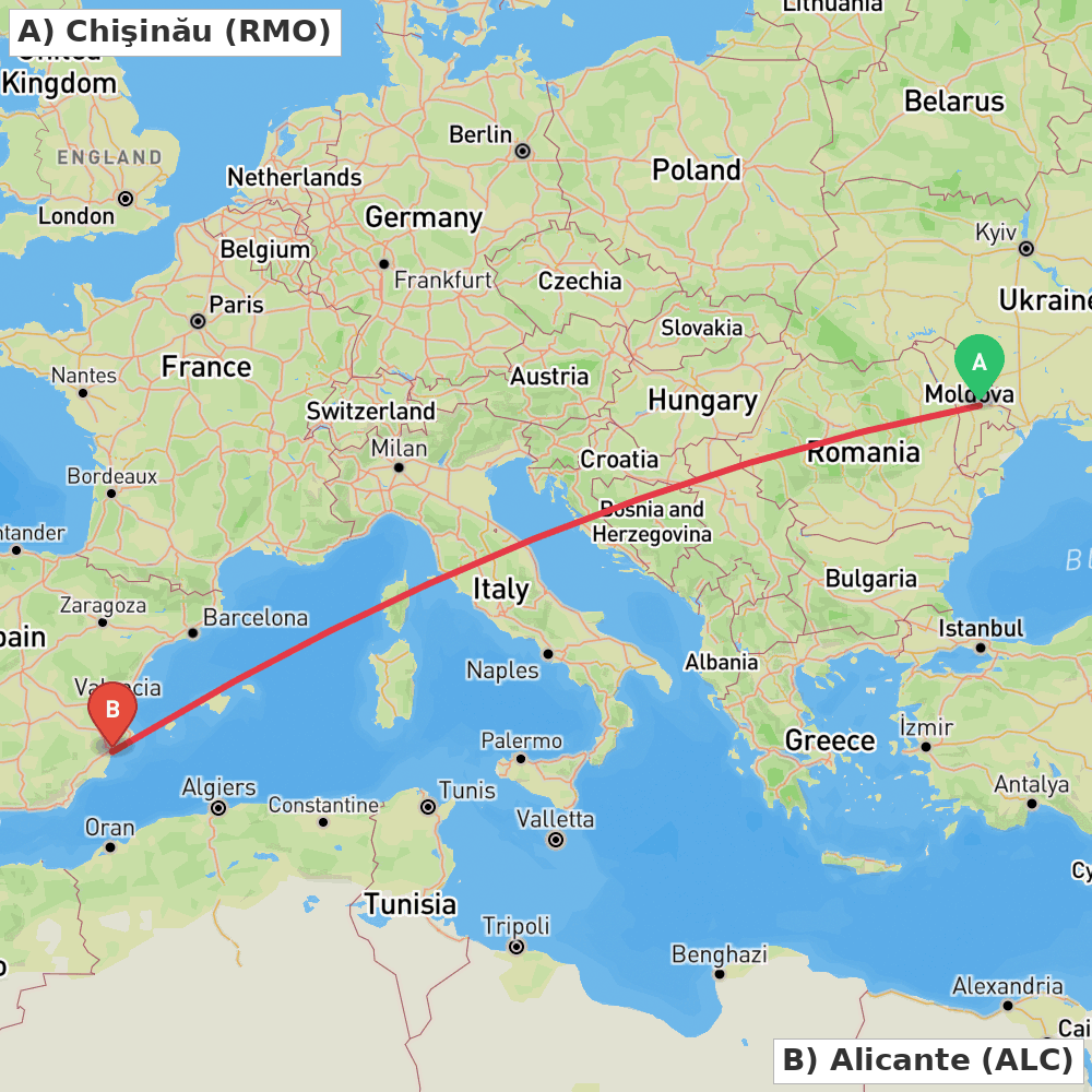 Flight route map from Chişinău to Alicante
