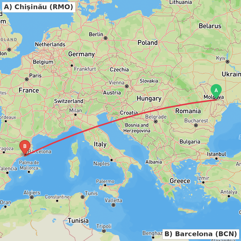 Flight route map from Chişinău to Barcelona