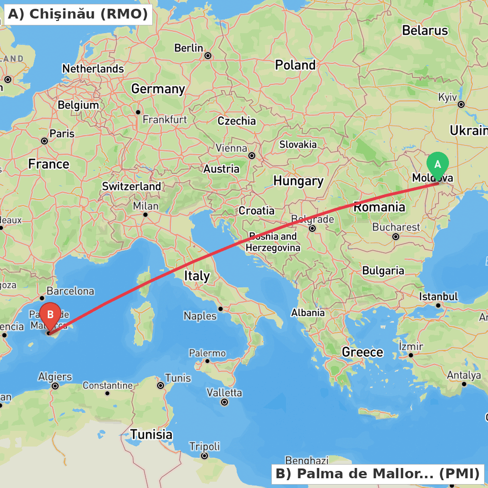Flight route map from Chişinău to Palma de Mallorca