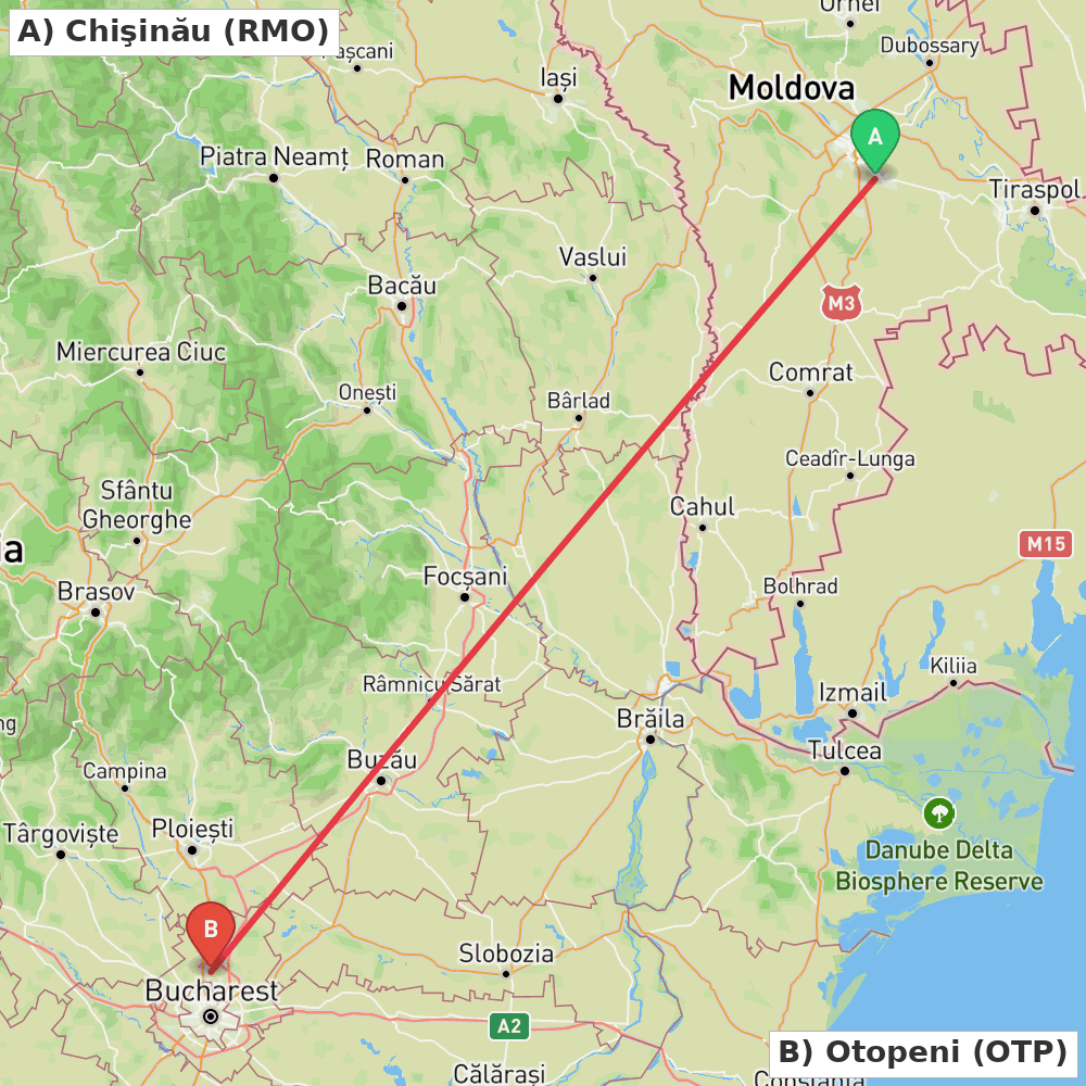 Flight route map from Chişinău to Otopeni