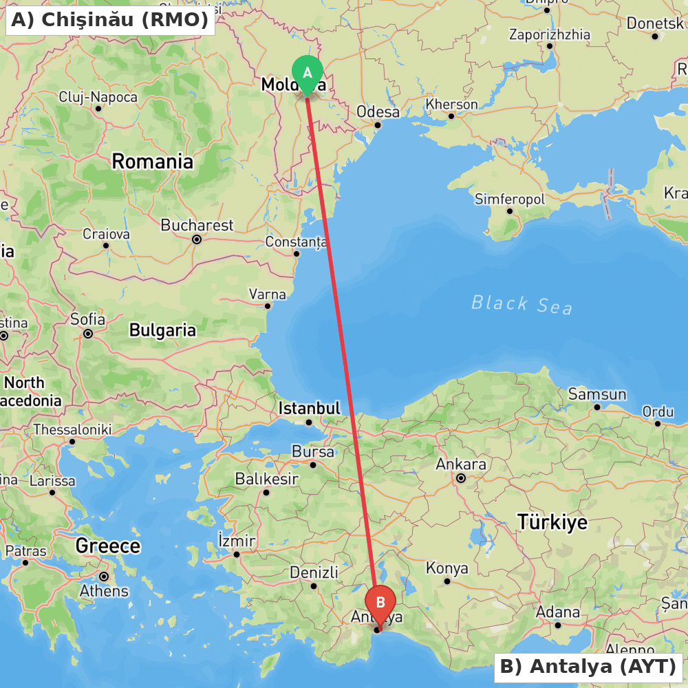 Flight route map from Chişinău to Antalya