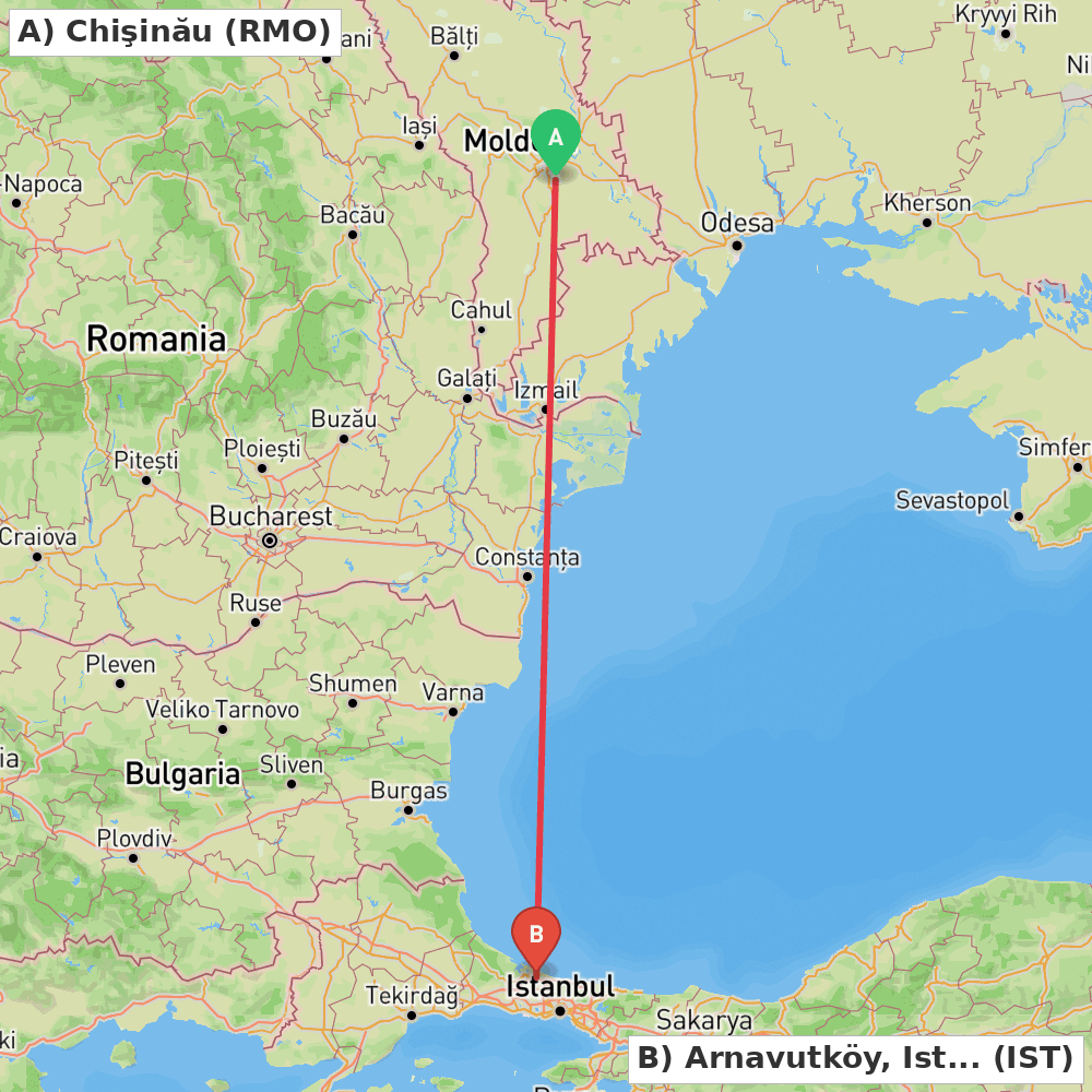 Flight route map from Chişinău to Arnavutköy, Istanbul